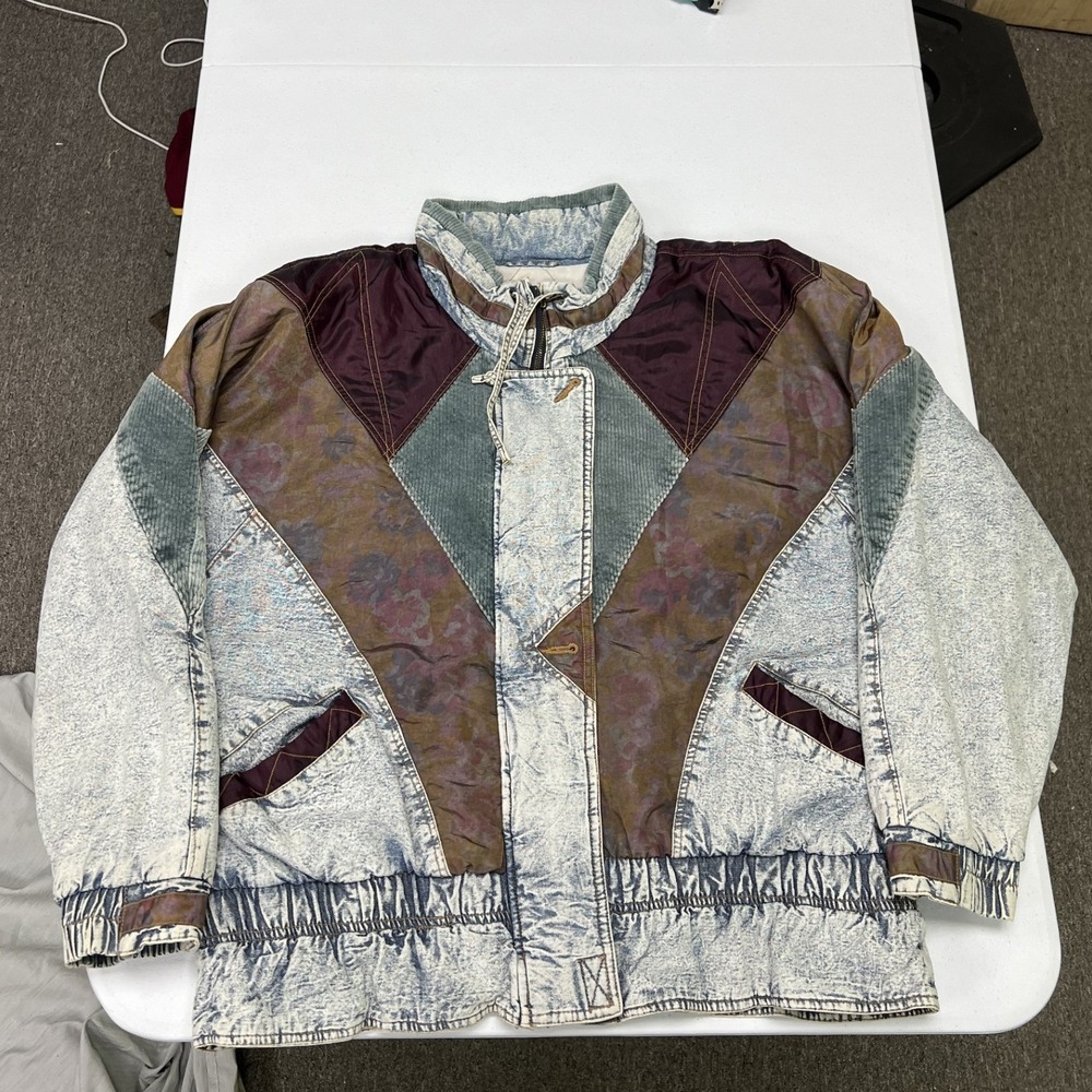 New York Girl Vintage Denim Bomber Jacket Womens L Blue Mixed Patchwork Floral